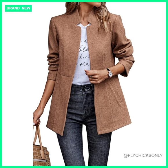 Women's Trench Coat Long Sleeve Open Front Blazer Notch Collar Office